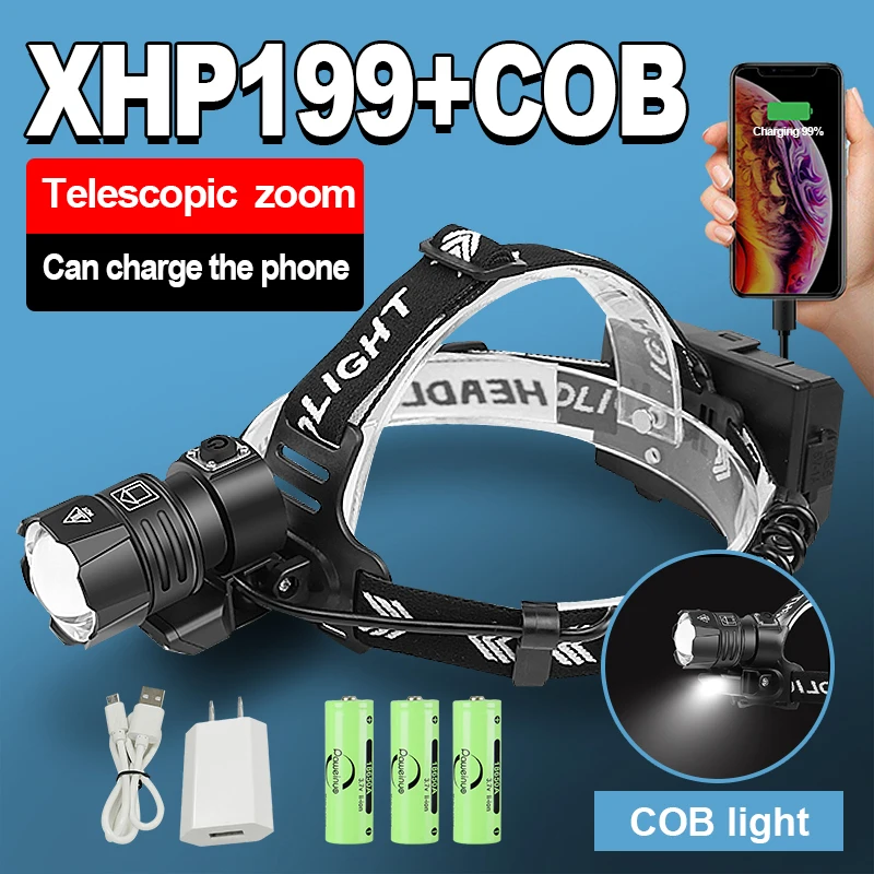 

2022 Newest XHP199 COB Powerful LED Headlamp Headlight 18650 High Power Head Flashlight Light XHP160 USB Rechargeable Head Lamps