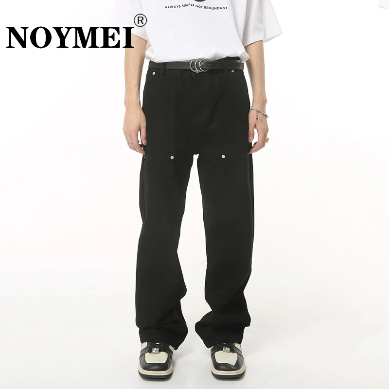 

NOYMEI Metal Decoration Baggy Trousers Simple Casual Denim Pants Loose Men Straight Jeans Solid Color Personality Pocket WA2472
