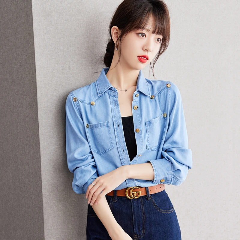 

Solid Women's Shirts Summer 2023 New Denim Blouses Loose Casual Long Sleeves Tops Turn-down Collar Ladies Clothing YCMYUNYAN
