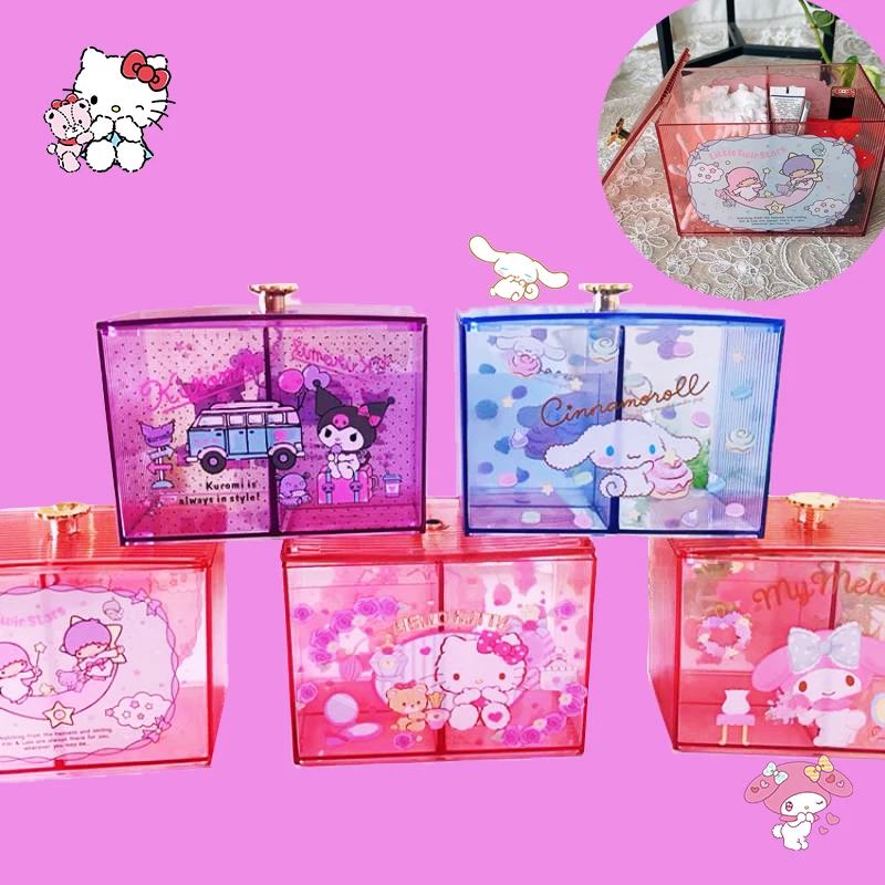 

Sanrioed ящик для хранения настольный кавайный аниме My Melody Kuromi Hello Kitty Cinnamoroll ватный тампон чехол пыленепроницаемый для гостиной милый