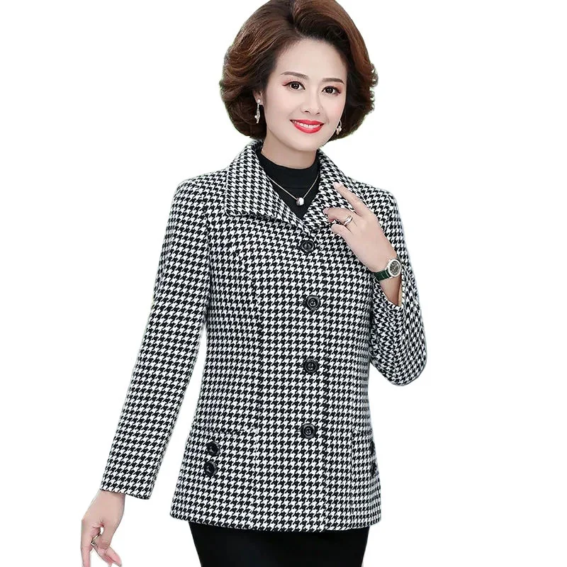 

New 2022 Autumn Winter Women's Jacket Short Plaid Woolen Coat Women Middle-Aged Elderly mother Casual Outerwear Tops Jacket 5XL