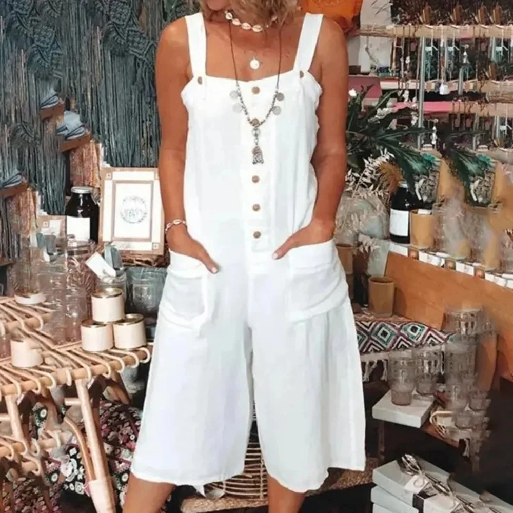 Casual Pockets Button Women Jumpsuits Fashion High Street Loose Sleeveless Suspenders Pants Women's Cotton Hemp Solid Female