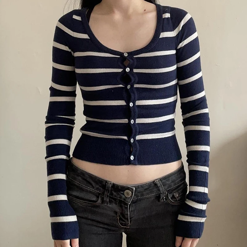 

Preppy Button Up Knitted Cardigans 90s Vintage Striped Slim Fit Cropped Sweater Harajuku Grunge Retro Y2K Cute Knitwear Coats