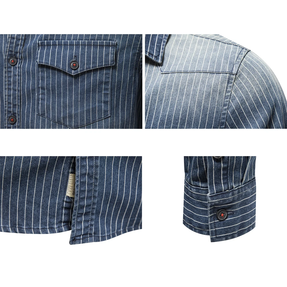 Eouw Fashion High Quality Cotton Industry Washed Distressed Striped Long Sleeve Denim Shirts Men Clothing Casual Streetwear