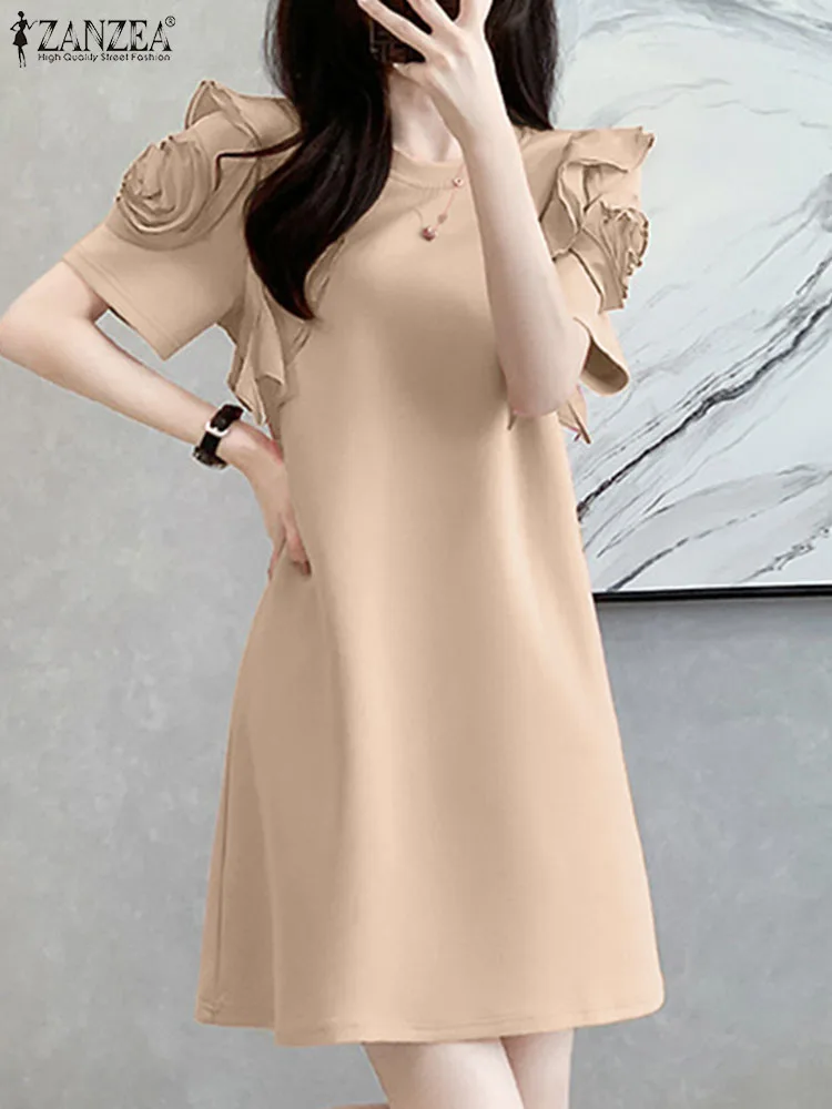 Модное женское платье ZANZEA с оборками летнее однотонное коротким рукавом до колен