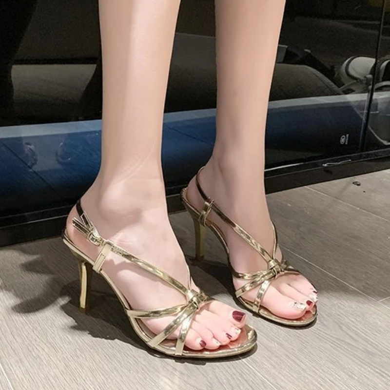 Новинка 2024 летнее платье для женщин серебристые облегающие сандалии на каблуках