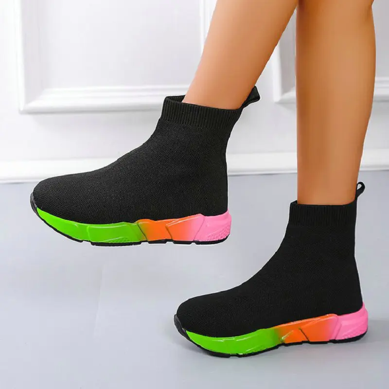 High-top elastic socks boots 2022 spring knitted fly-knit platform shoes Nice neutral black student running sports casual shoes
