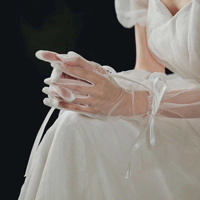 Модные Элегантные Свадебные короткие белые перчатки дышащие тюлевые Ленточные