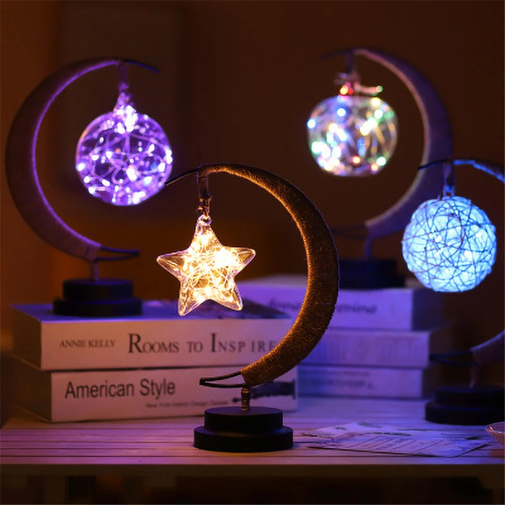 

LED Moon Light Hemp Rope Iron Art Sepak Takraw Ball Lamp Romantic Holiday Decor Night Light Battery/USB Base Christmas Gifts