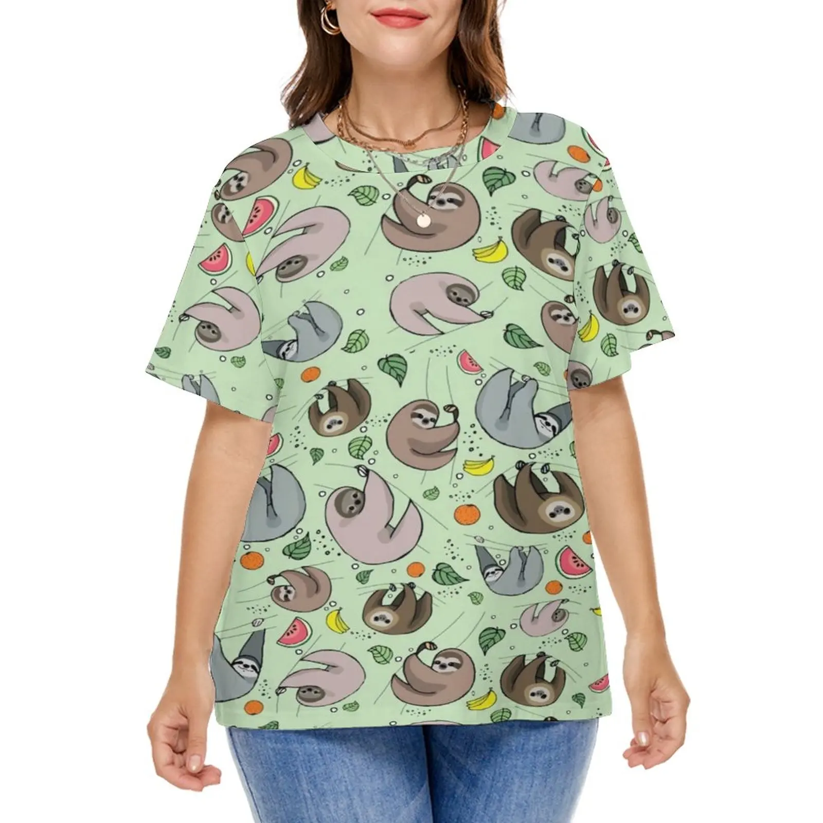

Cartoon Sloth T-Shirt Happy Sloths Leaves Print Hip Hop T Shirts Short-Sleeve Street Wear Tshirt Sexy Clothes Plus Size 7XL 8XL