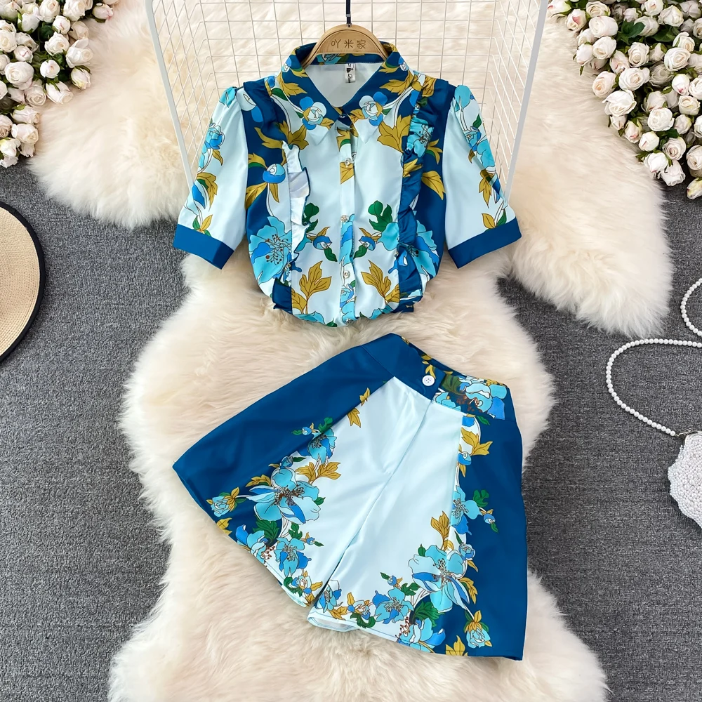 

Fashion suit female summer ladies temperament positioning printing shirt short-sleeved two-piece high-waisted wide-leg shorts