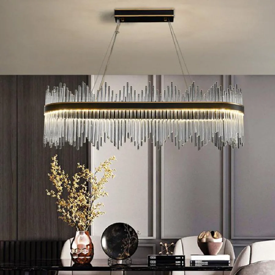 

Dining Room Lustre Crystals Pendant Lamp Oval Metal Postmodern Luminarias Hanging Lamp Dining Table Luxury Suspend Lamp Fixtures