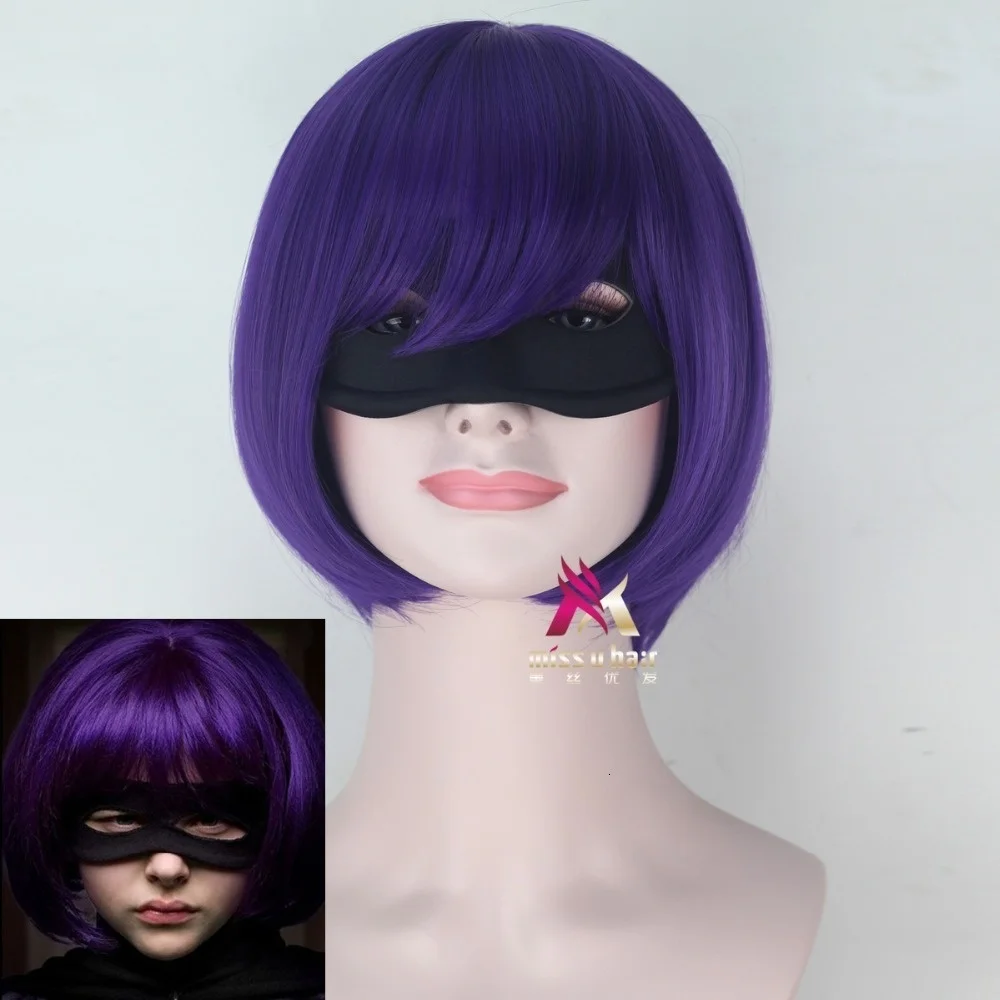 New Movie Kick-Ass Mindy Macready Hit Girl cosplay wig Chloe Grace purple role play hair wig costumes with eye mask +wig cap