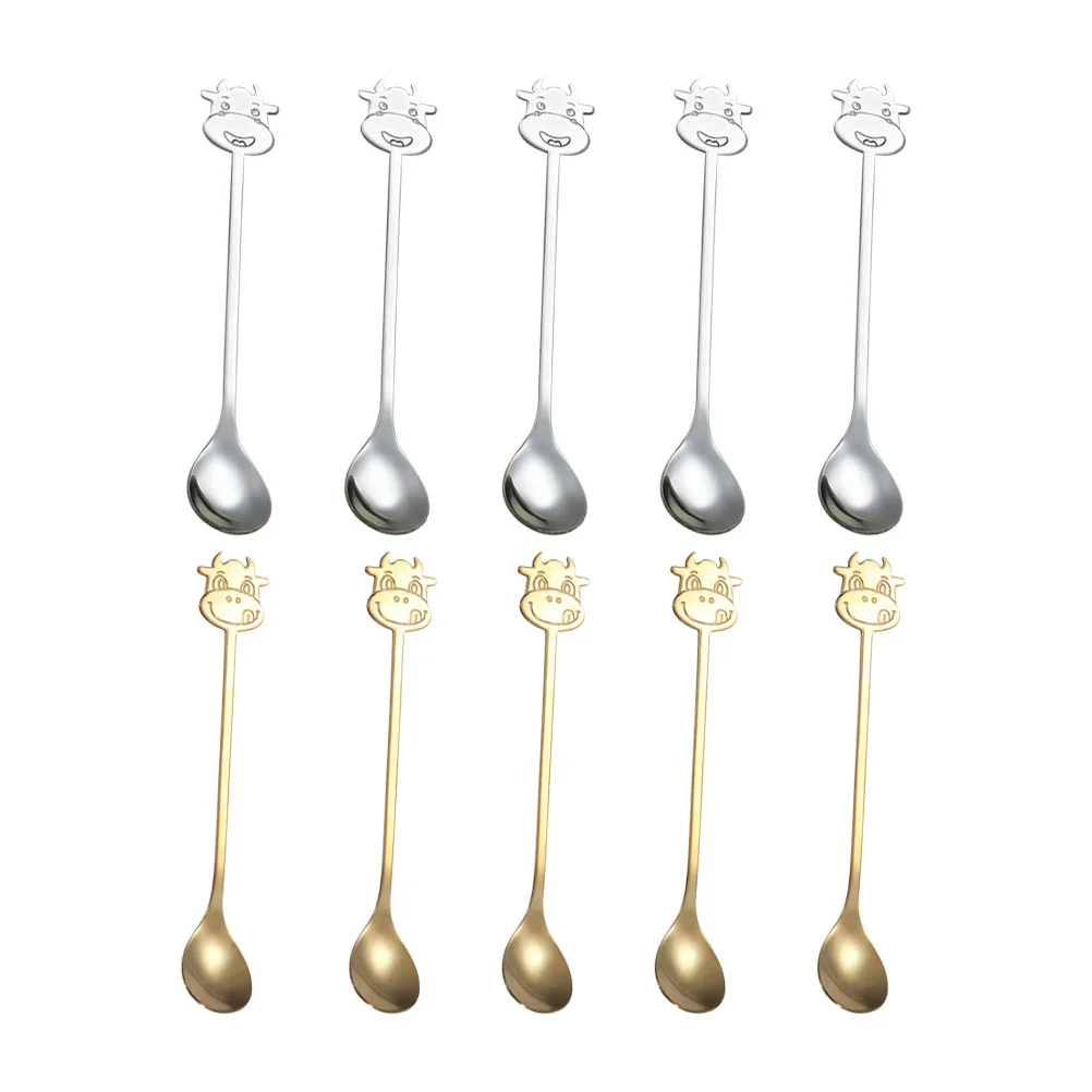 

10 Pcs Yogurt Spoon Stirring Spoons Stainless Flatware Mixing Scoop Silver Decor Cartoon Cow Style Gift
