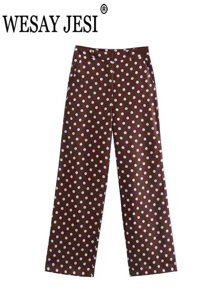 

WESAY JESI Women Trousers Brown White Polka Dots High Waist Fashion Zipper Straight Pants Street Everyday Ladies Spring Clothing