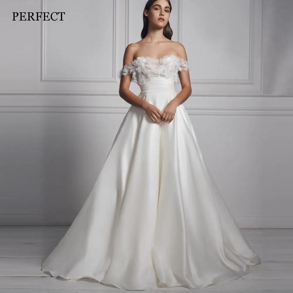 

PERFECT Off The Shoulder A-Line Wedding Dresses Sweetheart Appliques Satin Bridal Gowns Open Back Vestidos De Novia Sweep Train