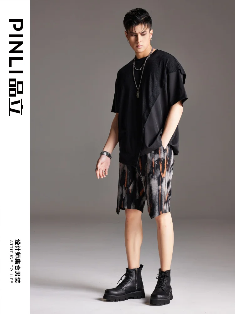 PINLI Soul cutting 2022 summer new print casual shorts men's Capri trend BC221117086