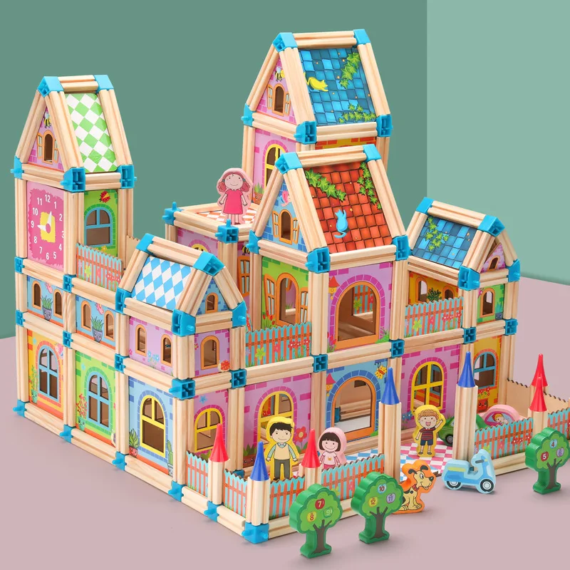 

128/268pcs Wooden Construction Building Model Building Blocks Children's Intelligence Building Block Toy Wood Block Gift for Kid