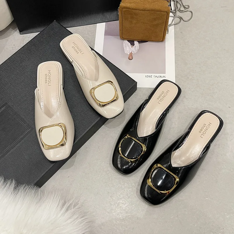 

Slippers Casual Loafers Cover Toe Low Shoes Rivet Square heel Slipers Women Slides Luxury Block 2022 Soft PU Metal Decoration Sp