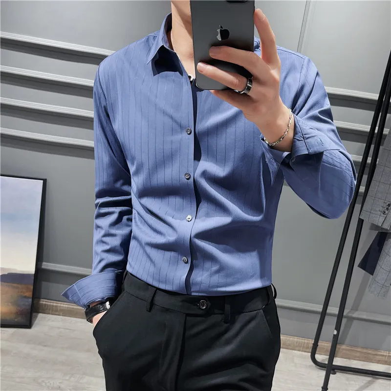 

2022 High Quality Summer Long Sleeve Striped Shirts For Men Clothing Simple Luxury Slim Fit Business Casual Formal Wear Blouses