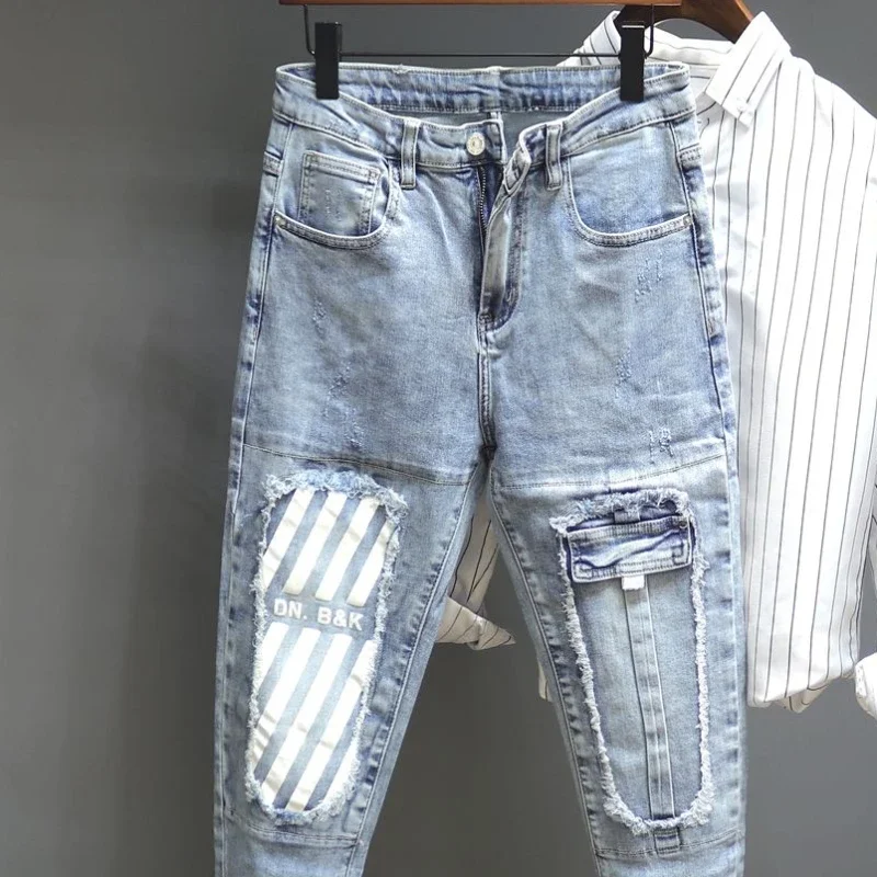 Джинсы мужские с графическим принтом укороченные ковбойские брюки карманами в