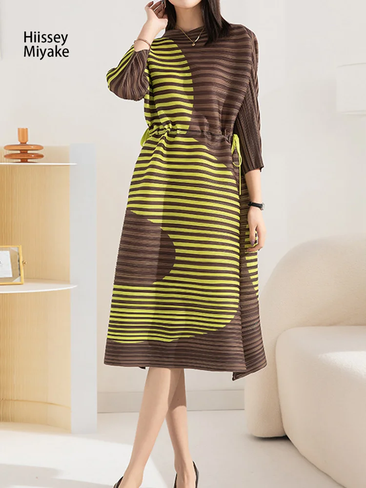 

Женское шифоновое платье HiIssey Miyake, летнее цельное плиссированное платье в полоску с воротником на шнуровке