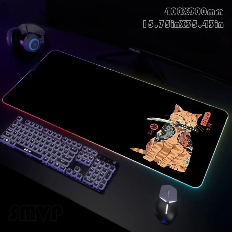 

Cat Warrior RGB Gaming Mousepad Big LED Gamer Mousepads PC Desk Mat Mouse Pad Large Keyboard Mats Table Rug With Backlit