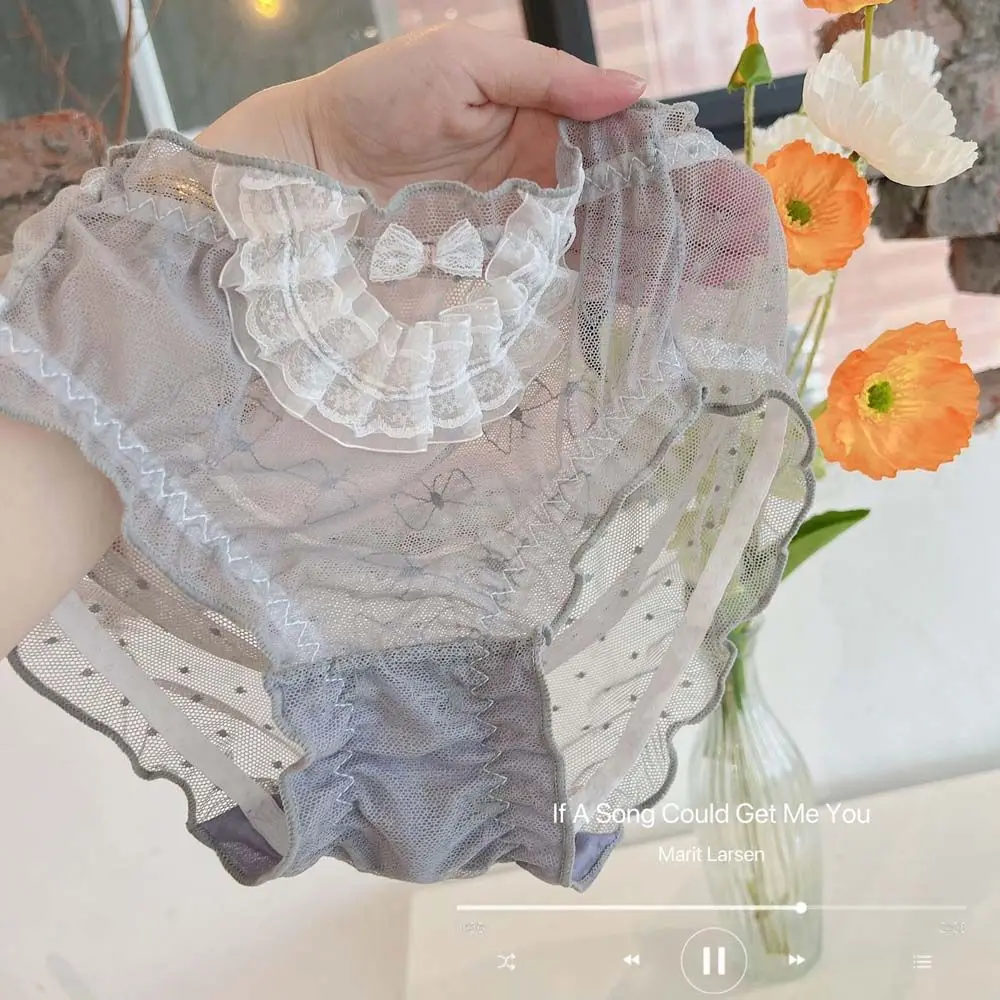 

Breathable Elastic Cotton Crotch Lolita Mesh Bow Women Intimates Wave Dot Panties Sexy Panties Lace Ruffles Briefs