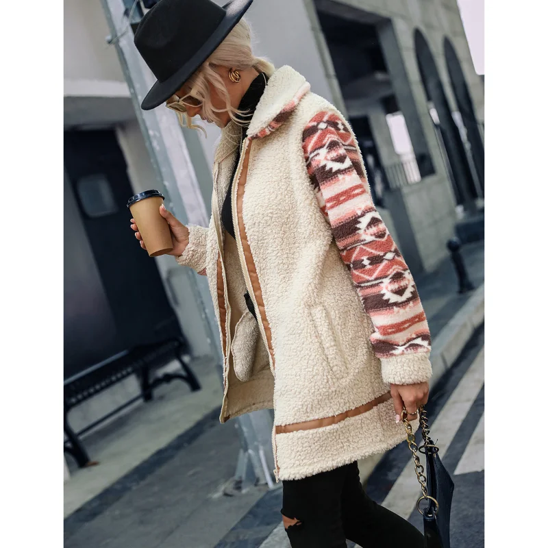 

2022 Glitter Women's Cardigan Grainy Colorblock Print Lapel Long Panel Zip Plush Jacket