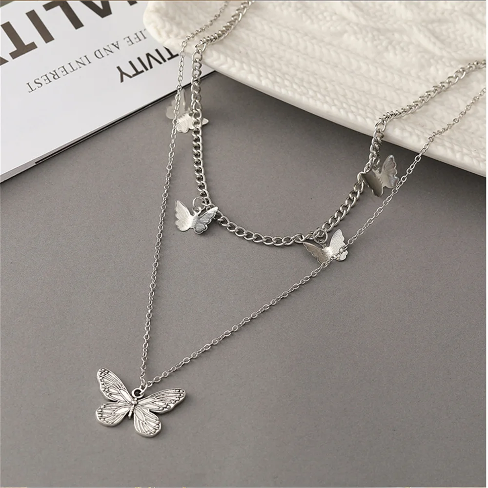 

European and American popular jewelry retro national style multi-layer butterfly ancient silver fashion long simple necklace