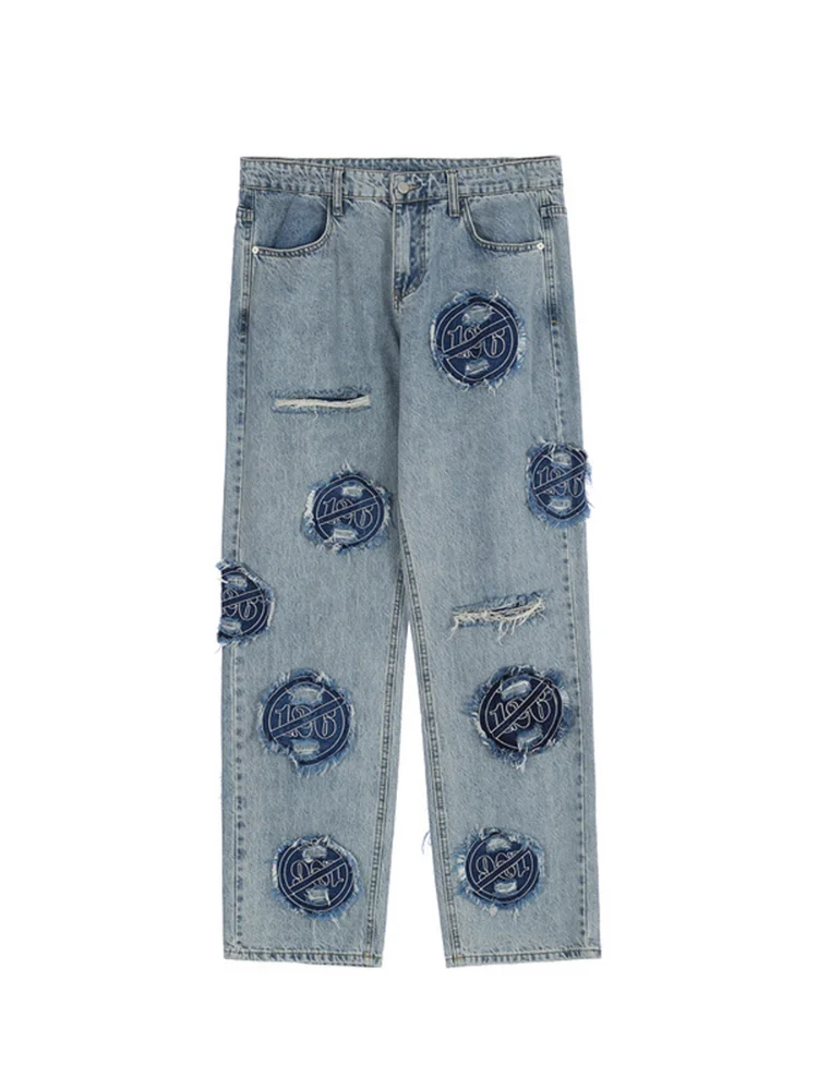 Four Seasons American Retro Washed Distressed Embroidered Patch Ripped Jeans High Street Fashion Streetwear Men's Ins Hot Sale