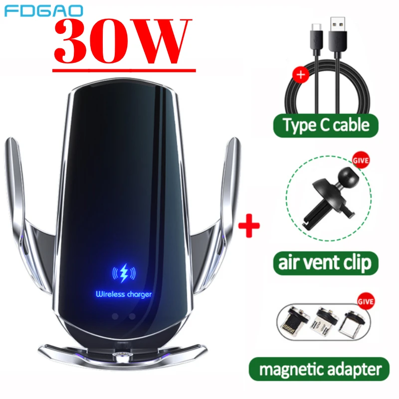 

Автоматическое автомобильное беспроводное зарядное устройство 30 Вт для iPhone 14, 13, 12, 11, XS, XR, X, 8, Samsung S22, магнитное USB-устройство с инфракрасным ...
