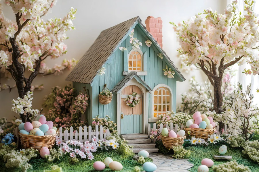 Мультяшный домик пасхальный день вечерние украшения фон для фотосъемки весенний