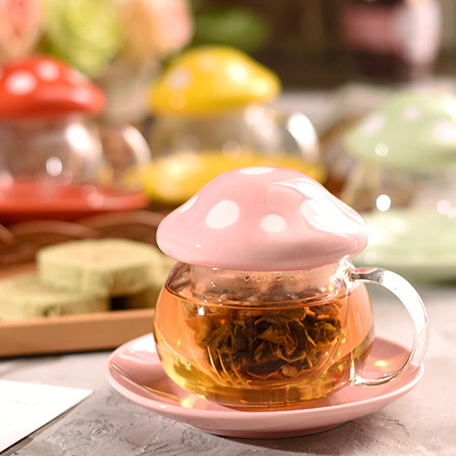 

290ml Cute Mushroom Glass Coffee Mug with Ceramic Cup Holder Reheatable Milk Cup Afternoon Flower Tea Cup with Glass Filter