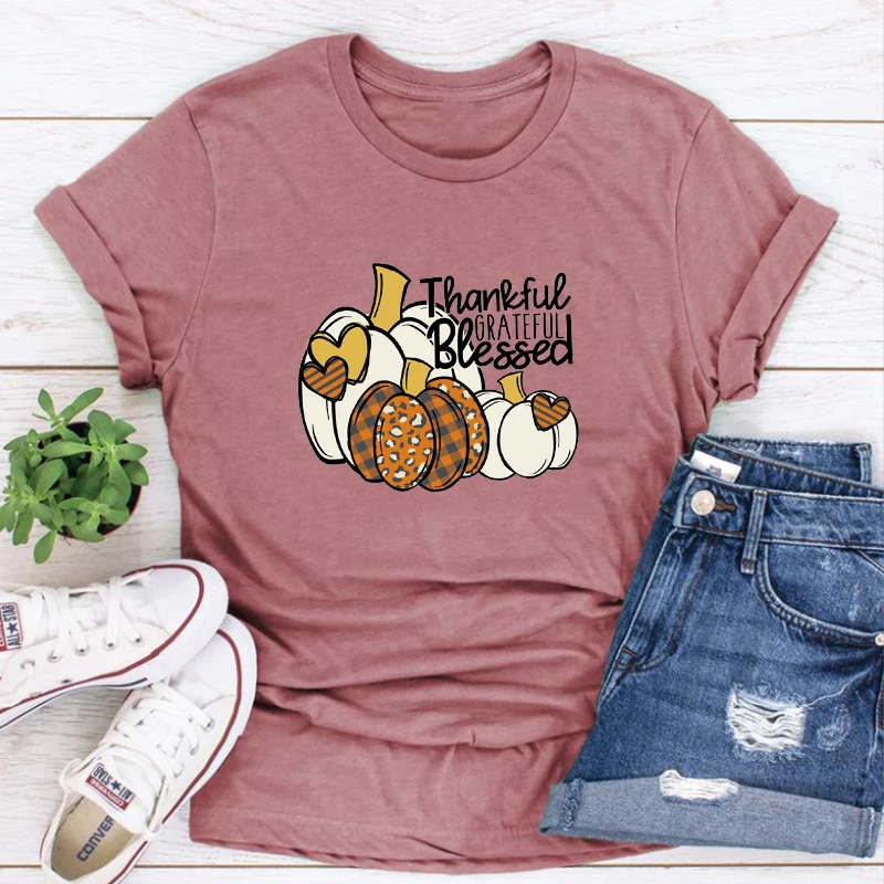 

Pumpkin Shirt Thankful Grateful Blessed Tshirt Thanksgiving T-Shirt Hanksgiving Pumpkin Graphic Tees Women 100% Cotton Tops XL