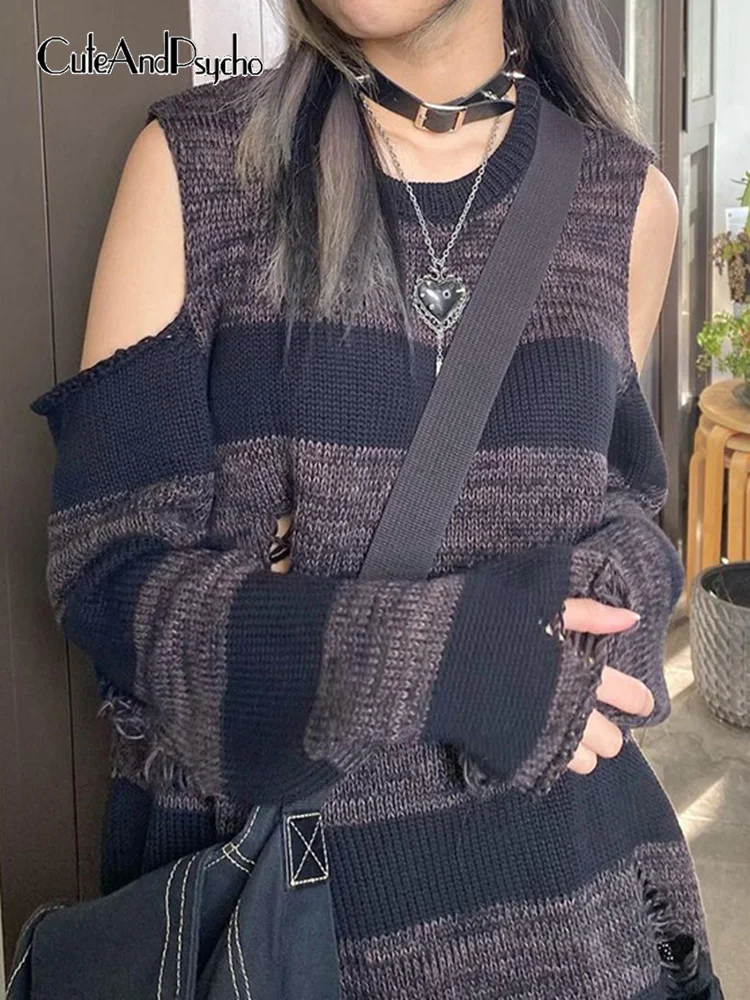 

Vintage Striped Print Gothic Knit Sweaters Hollow Out Loose Y2K Autumn Pullovers Long Sleeves Harajuku 90s Outfits