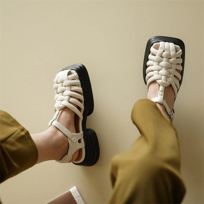 

Sandals Women's 2022 Summer New Baotou Sandals Thick-soled Woven Fashion Casual Soft Leather Square-toe Roman Thick-soled Shoes