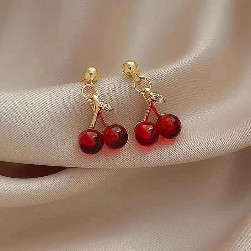 

Korean Sweet Fashion Fruit Cherry Earrings Contracted Red New Year Christmas Earrings Glass Earring Wedding Party Jewelry