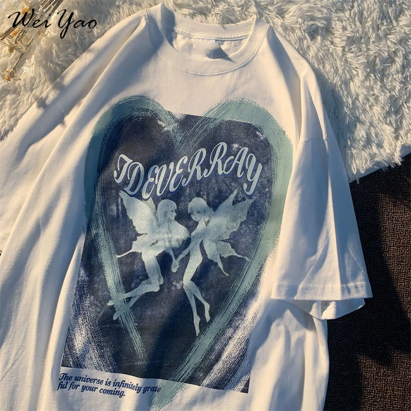 2021 new butterfly fairy print T-shirt punk goth hip hop grunge rock Y2K round neck casual summer coat streetwear