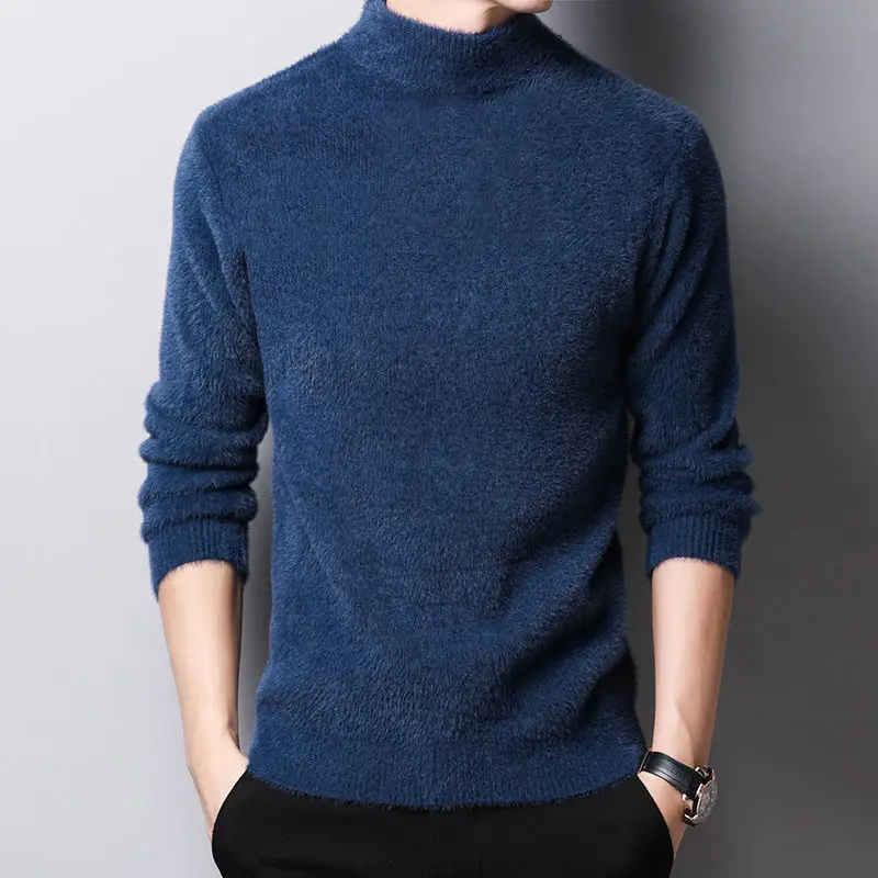 Men Sweaters Solid Color Half High Collar Casual Autumn Winter Fuzzy Basis Pullovers For Man Soft Comfy Warm Knitting Jumper Top