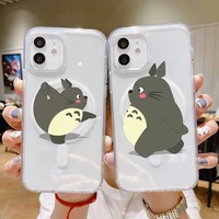 cute totoro sprite away anime phone case transparent magsafe magnetic magnet for iphone 13 12 11 pro max mini wireless charging
