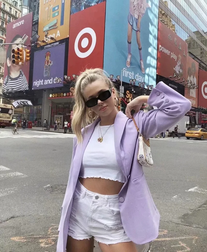 Women Simple INS Purple Chic Blazer Suit All Match Loose Casual Blazer New Office Lady Solid Colors Single Breasted Commute Suit