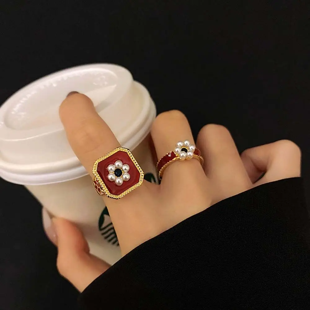 Retro Style Geometric Pearl Flower Open Ring South Korean New Trend Fashion Womens Ring Party Jewelry Gift