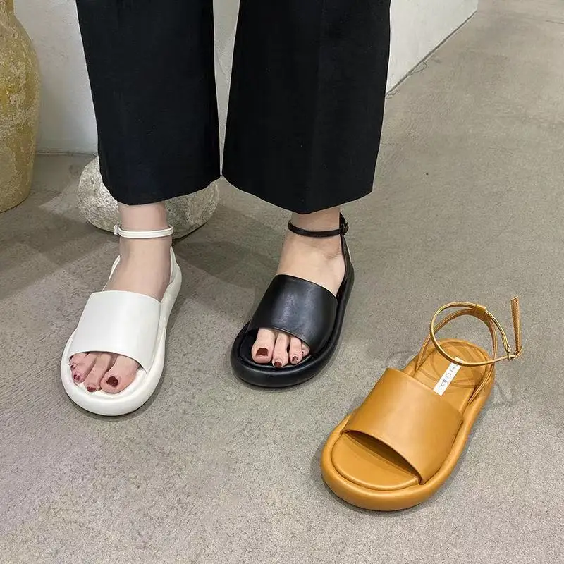 

Ladies Summer Ankle Strap Outdoor Beach Sandalias Open Toe Women Sandals Soft Sole Flats Sandal Comfort White Shoes
