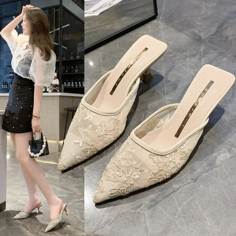 

New Summer Sexy High Heels Women Shoes Mesh Slippers Fashion Sandals Designer Pumps Dress Sweet Cozy Party Mujer Zapatos