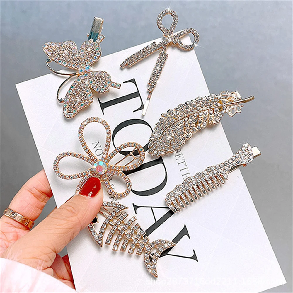 

6Pcs/Set Shining Rhinestone Hair Clips for Women Elegant Butterfuly Hair Claws Feather Comb Scissors Barrettes Stick Hairpin