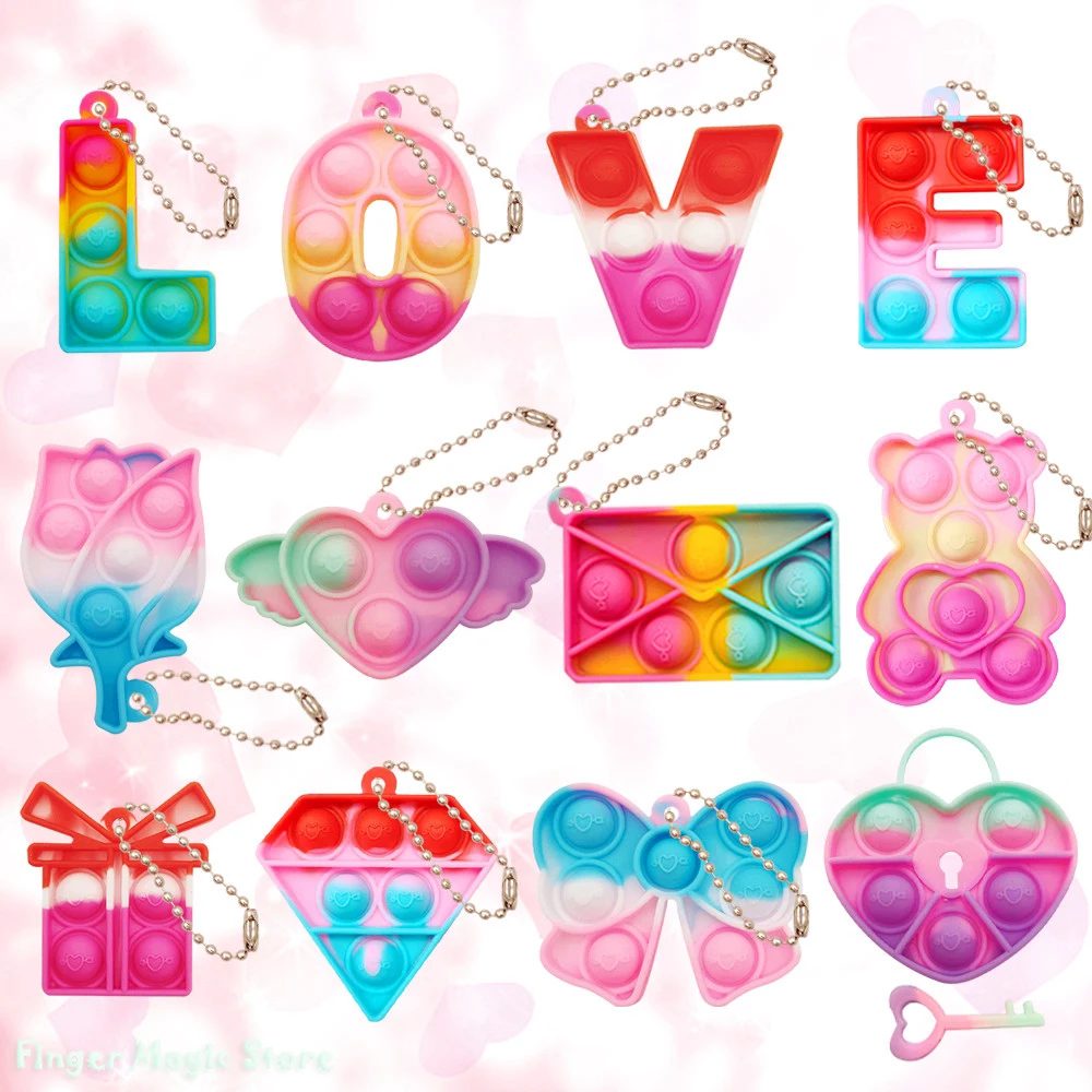 

12 PCS LOVE Valentine Pop Bubble Fidget Toys Keychain Pop Push Stress Relief Squeeze Sensory Toy for Kids Adult Party Favors