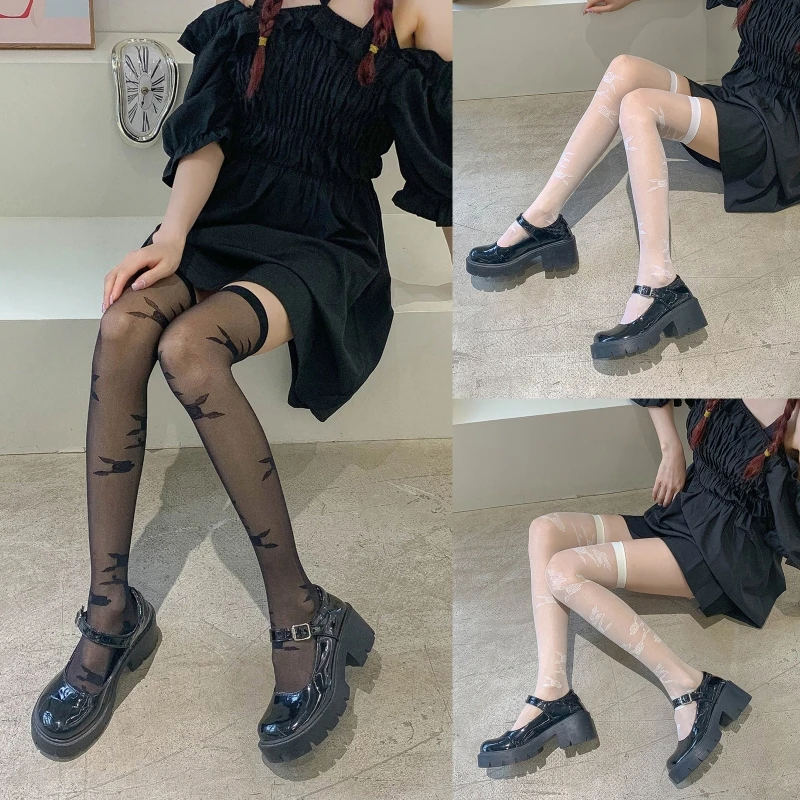 

Silky Transparent Thigh High Stockings Women Girl Rose Flower Jacquard Patterned Lolita Cosplay Sweet Sheer Over Knee Long Socks