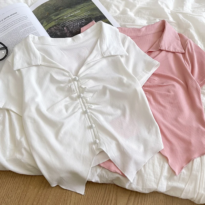 

Cute sexy pink V-neck pleated button slim short irregular T-shirt