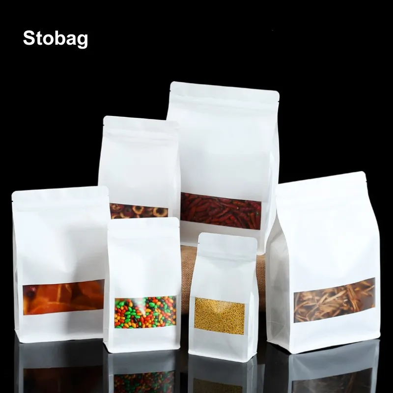 

StoBag 50pcs White Kraft Paper Food Packaging Bags with Window Stand Up for Tea Nuts Dried Fruits Candy Snack Storage Pouches